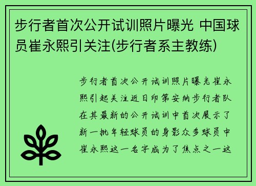 步行者首次公开试训照片曝光 中国球员崔永熙引关注(步行者系主教练)