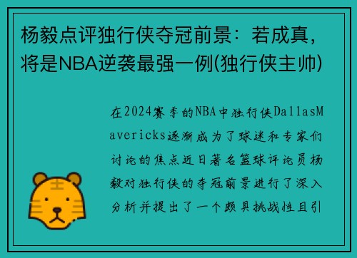 杨毅点评独行侠夺冠前景：若成真，将是NBA逆袭最强一例(独行侠主帅)