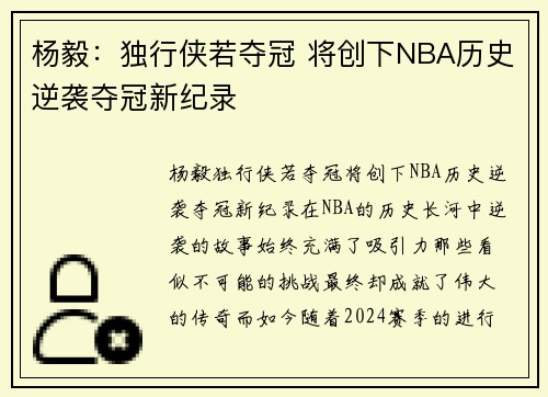 杨毅：独行侠若夺冠 将创下NBA历史逆袭夺冠新纪录
