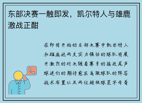 东部决赛一触即发，凯尔特人与雄鹿激战正酣
