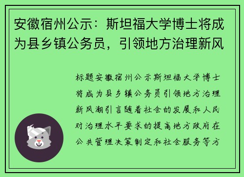 安徽宿州公示：斯坦福大学博士将成为县乡镇公务员，引领地方治理新风潮