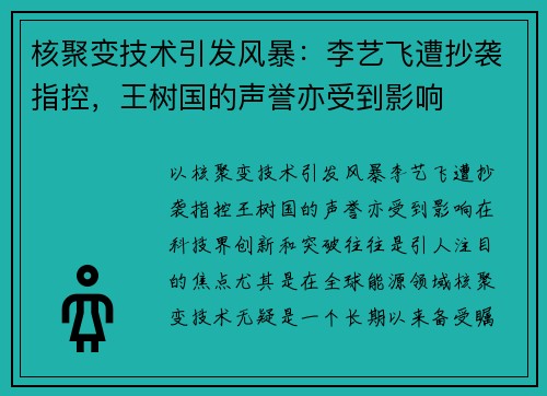核聚变技术引发风暴：李艺飞遭抄袭指控，王树国的声誉亦受到影响