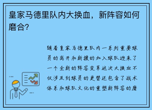 皇家马德里队内大换血，新阵容如何磨合？